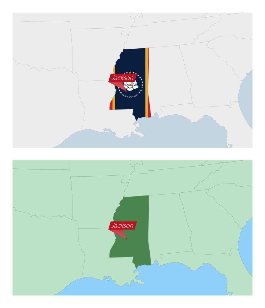 Mississippi map with pin of country capital. Two types of Mississippi map with neighboring countries. vector