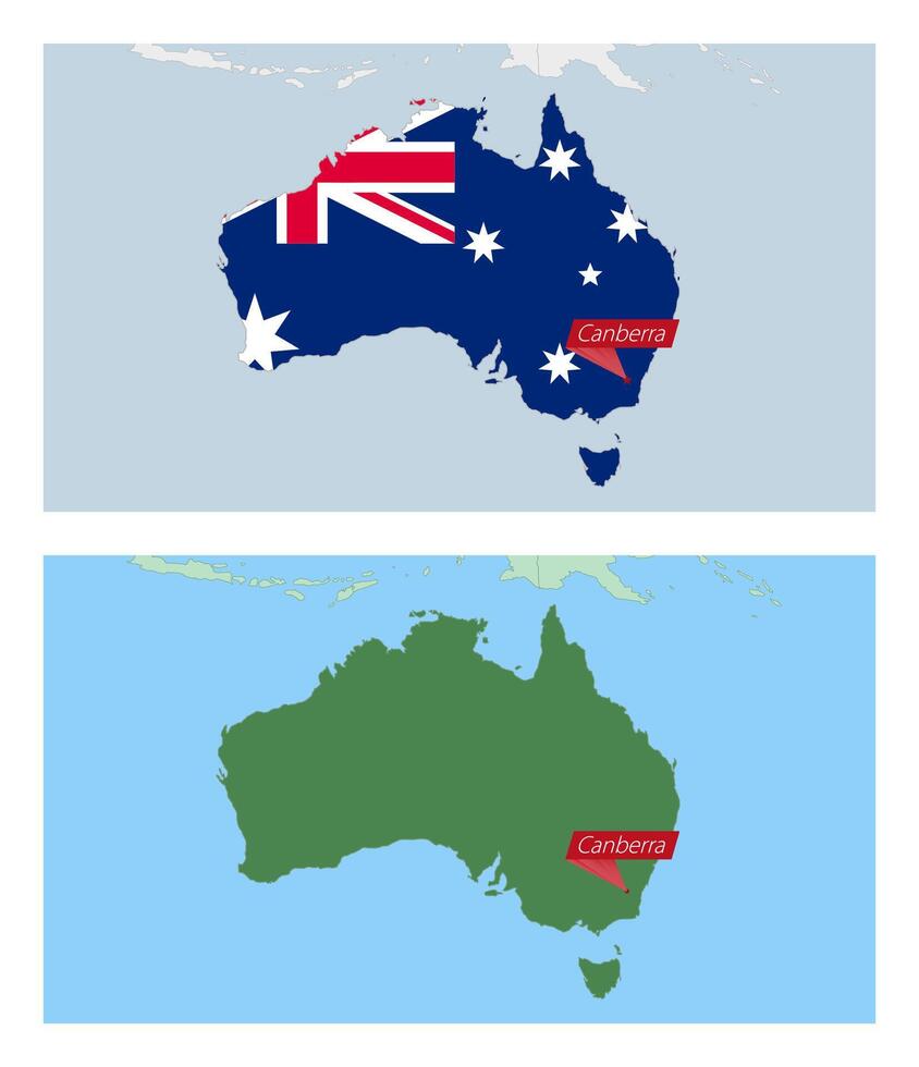 Australia map with pin of country capital. Two types of Australia map with neighboring countries. vector