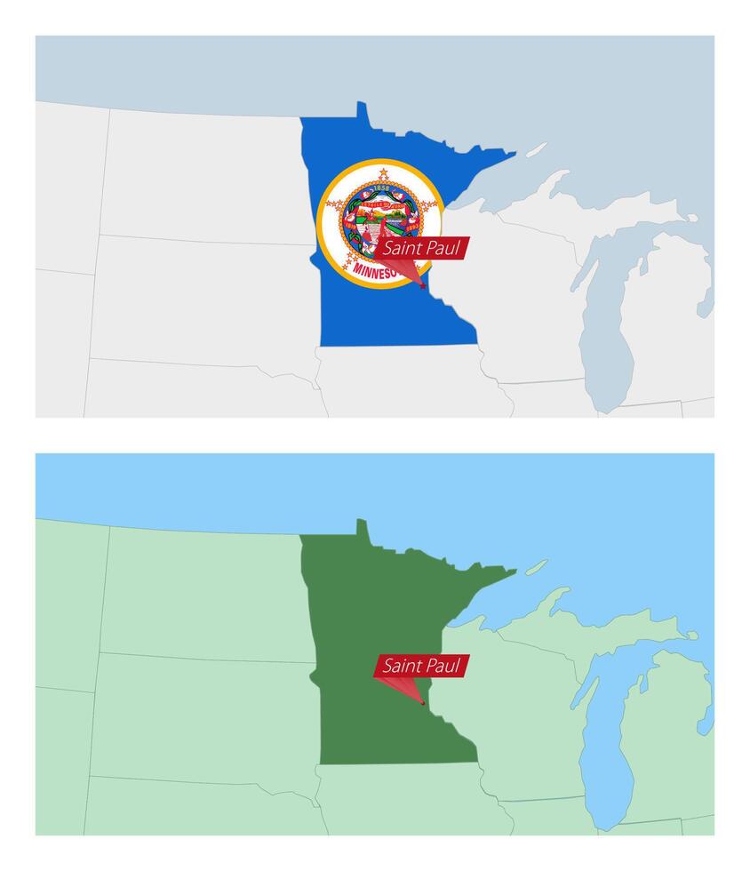 Minnesota map with pin of country capital. Two types of Minnesota map with neighboring countries. vector