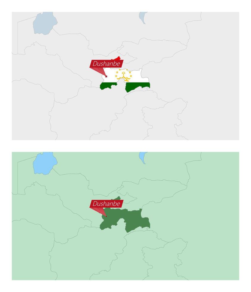 Tajikistan map with pin of country capital. Two types of Tajikistan map with neighboring countries. vector