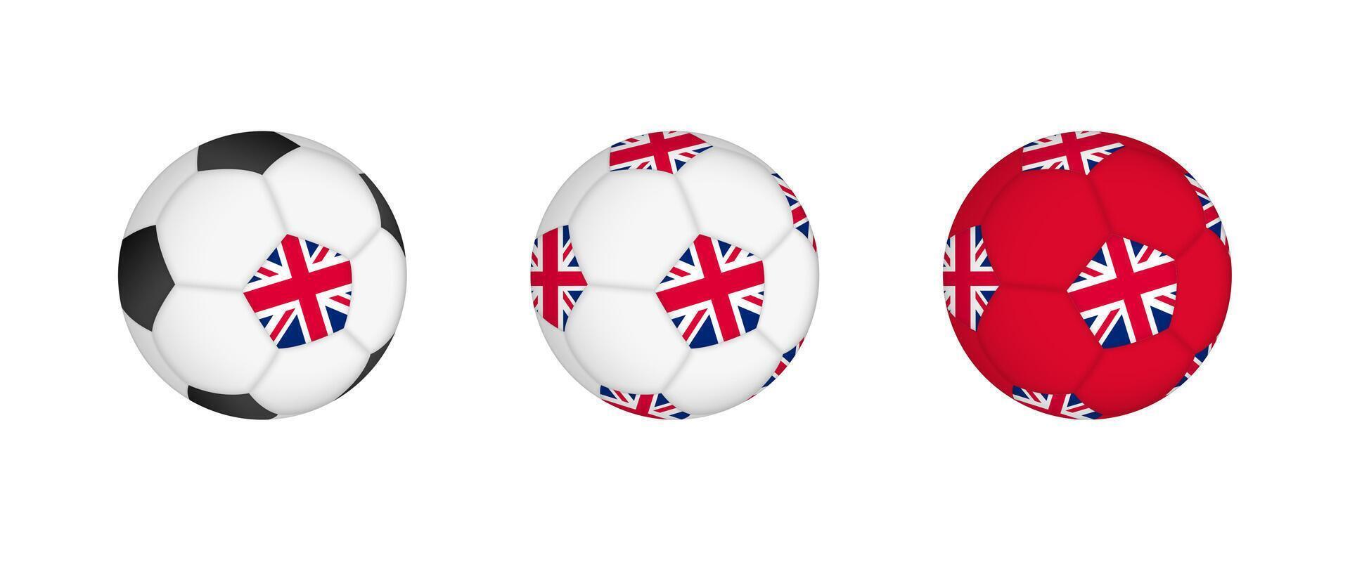 Collection football ball with the United Kingdom flag. Soccer equipment mockup with flag in three distinct configurations. vector