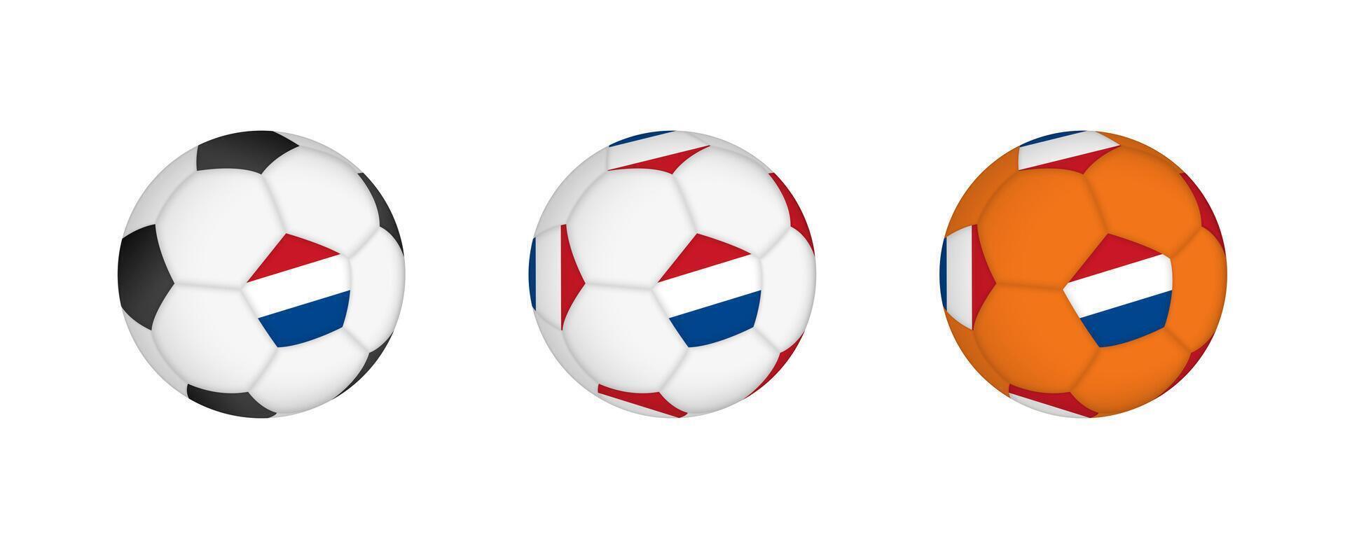 Collection football ball with the Netherlands flag. Soccer equipment mockup with flag in three distinct configurations. vector