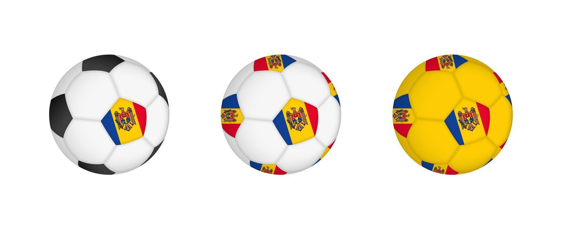 Collection football ball with the Moldova flag. Soccer equipment mockup with flag in three distinct configurations. vector
