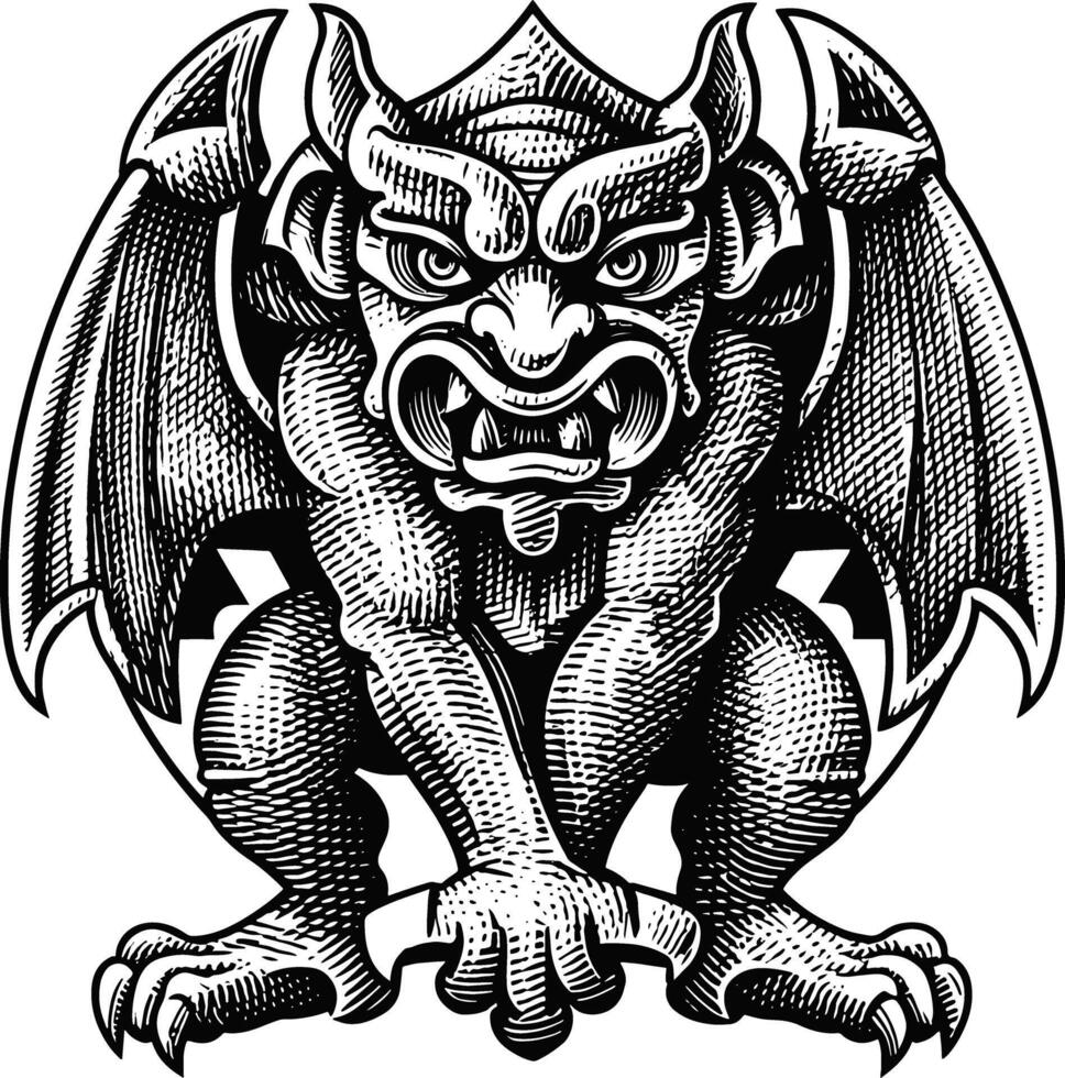 A detailed, engraved-style illustration of a grotesque gargoyle with bat-like wings, horns, and a menacing expression, rendered in black and white. vector