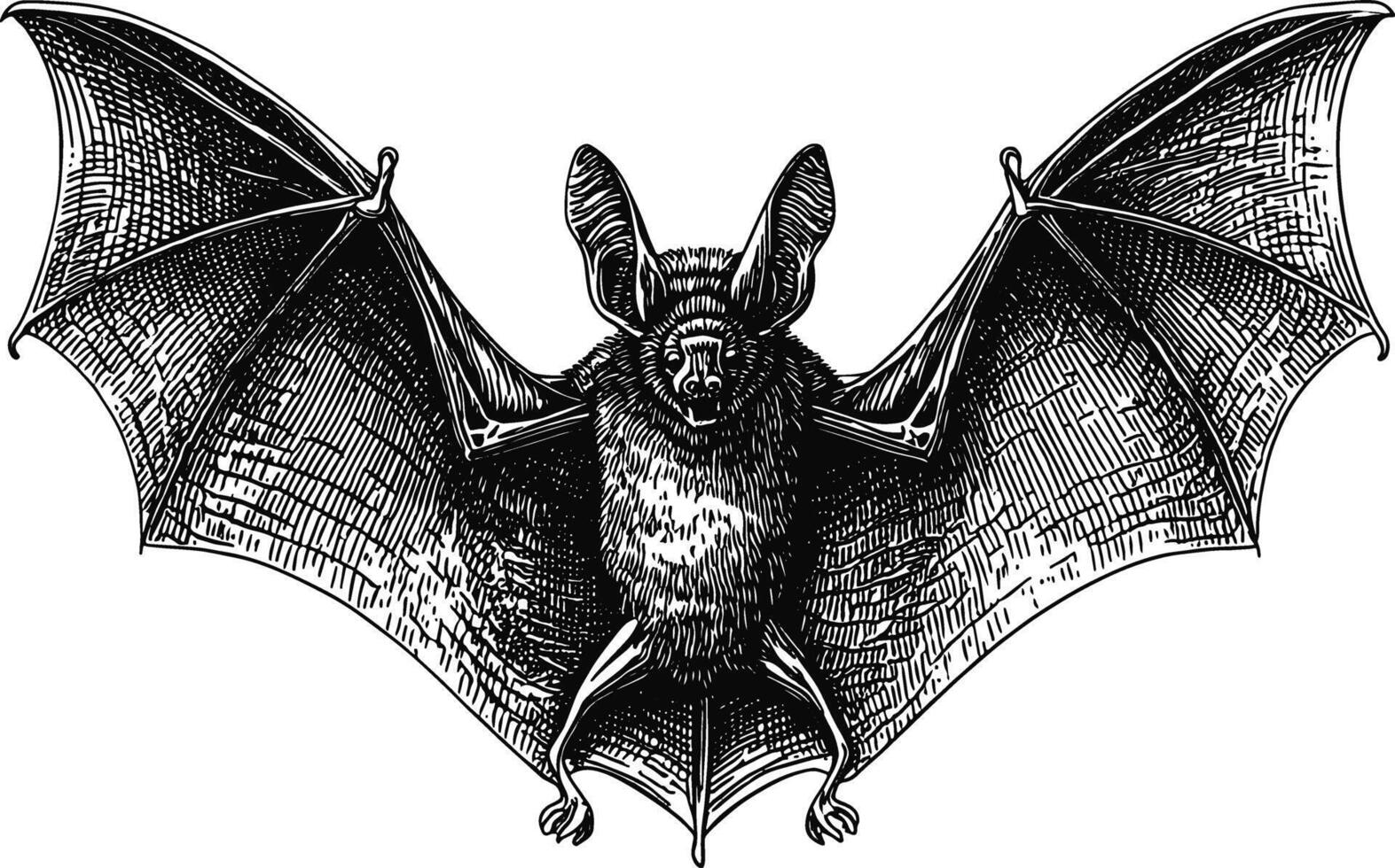 A detailed, black and white illustration in an engraved or woodcut style of a bat with its wings fully spread. vector