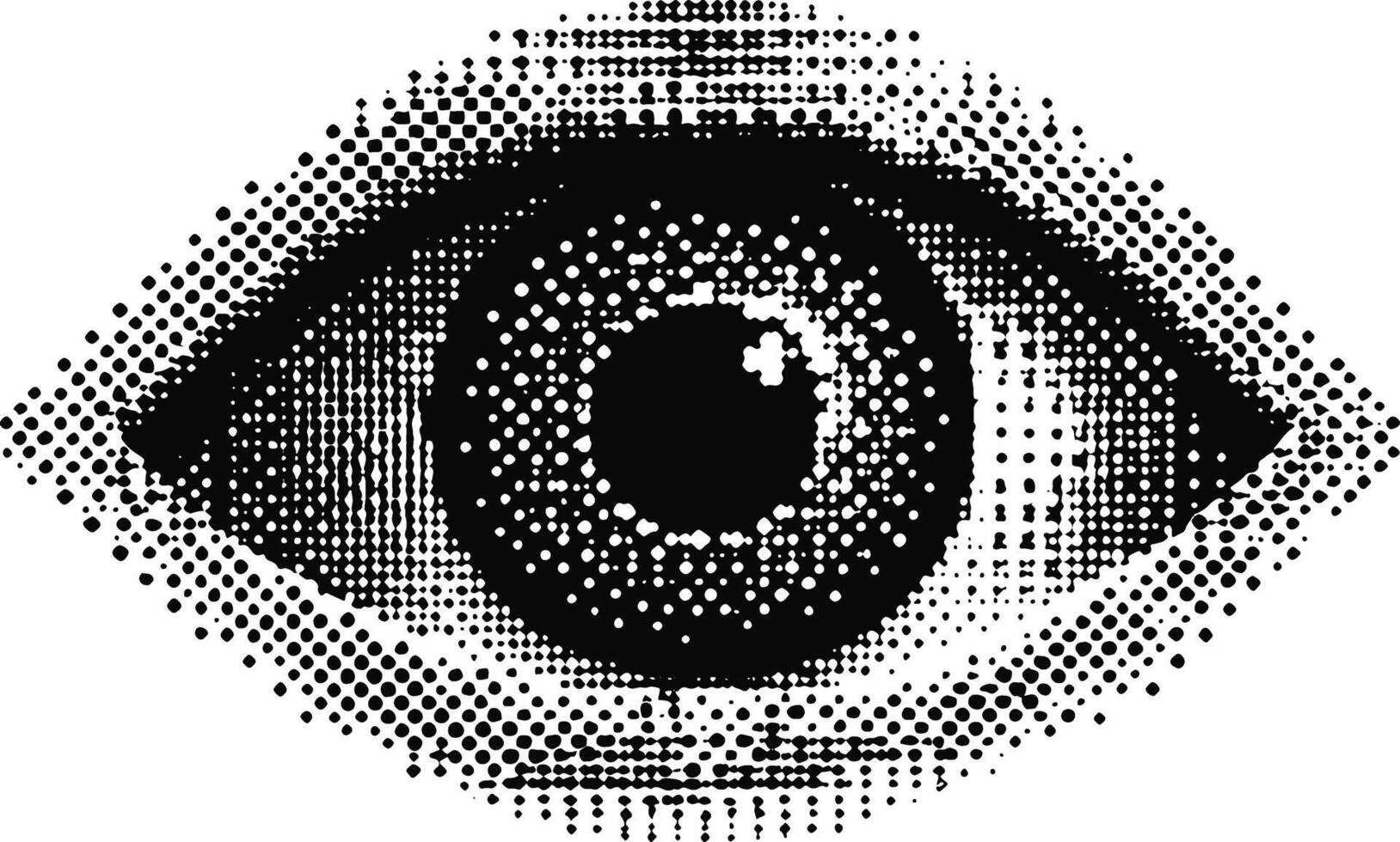 A stylized, black and white illustration of an eye with a detailed pupil and iris, created using a halftone or dotted texture effect. vector