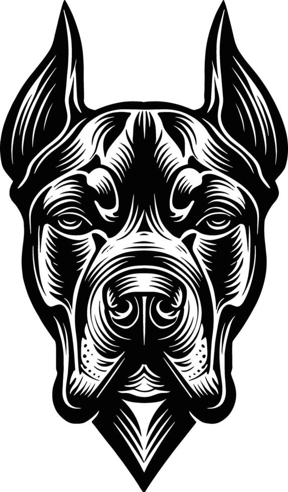 A bold, black and white graphic illustration of the head of a strong, muscular dog, possibly a Cane Corso, Pit Bull, or Boxer, with a serious and determined expression. vector