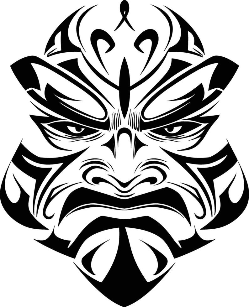 A bold, black and white tribal-style illustration of a fierce mask, possibly inspired by Polynesian or Maori designs, with sharp lines and aggressive features. vector