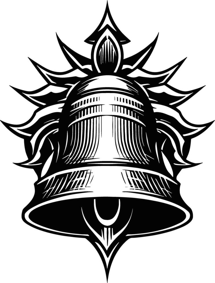 A bold, black and white graphic illustration of a stylized bell with sharp, decorative elements radiating outwards. vector