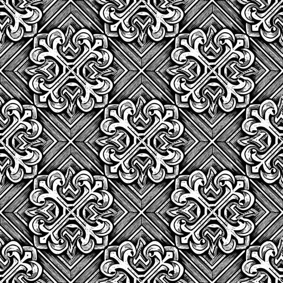 A seamless, repeating pattern featuring intricate, ornate floral or geometric designs arranged in diamond shapes on a textured background, shades of black and white. vector