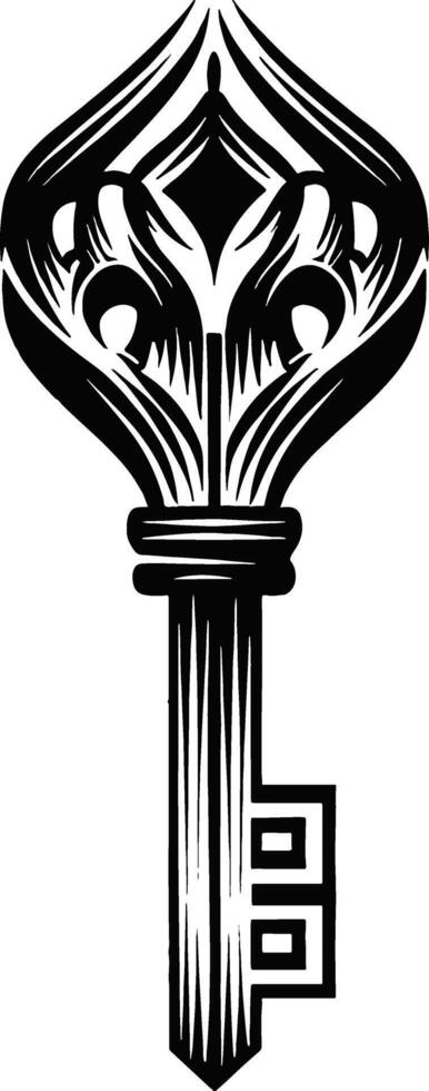 A detailed, black and white graphic illustration of an ornate, vintage-style key with an intricate head and a grooved shaft. vector