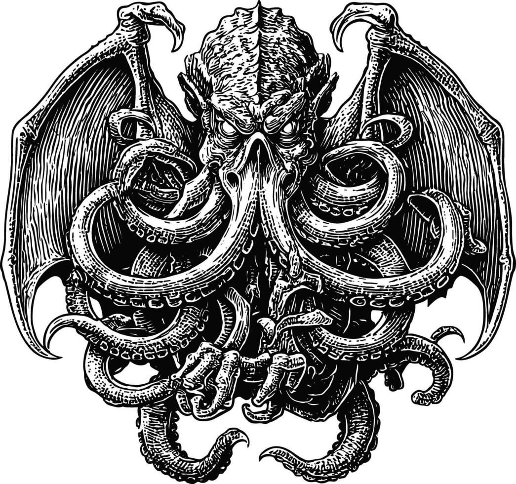 A detailed, black and white illustration in an engraved style depicting Cthulhu, a fictional cosmic entity with a humanoid body, octopus-like head, dragon-like wings, and claws. vector