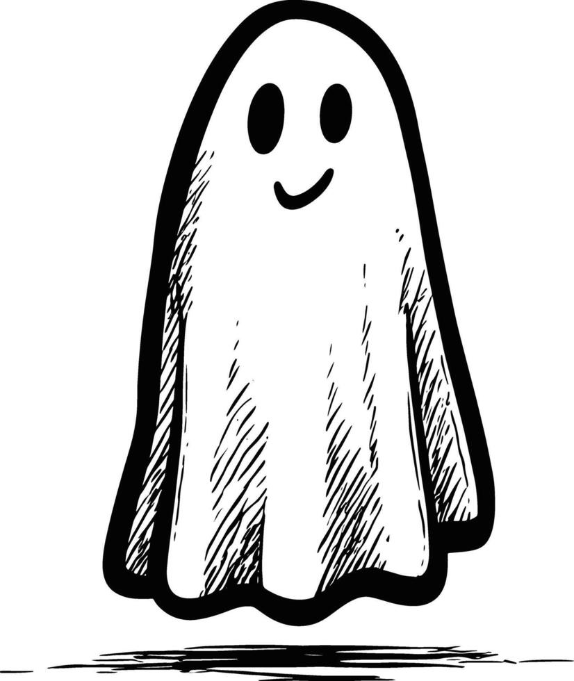 A simple, cartoonish black and white sketch of a friendly ghost with a smiling face, floating above a sketchy shadow. vector