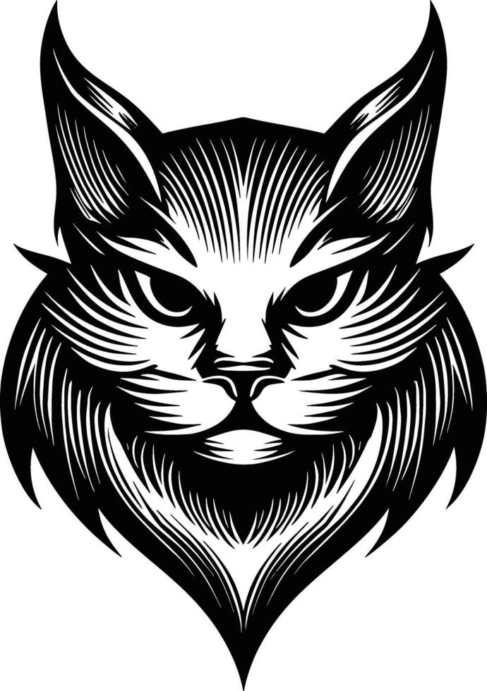 A detailed black and white graphic illustration of a cat's head with a slightly stern or mysterious expression, rendered in a woodcut or engraving style with sharp lines and textures. vector