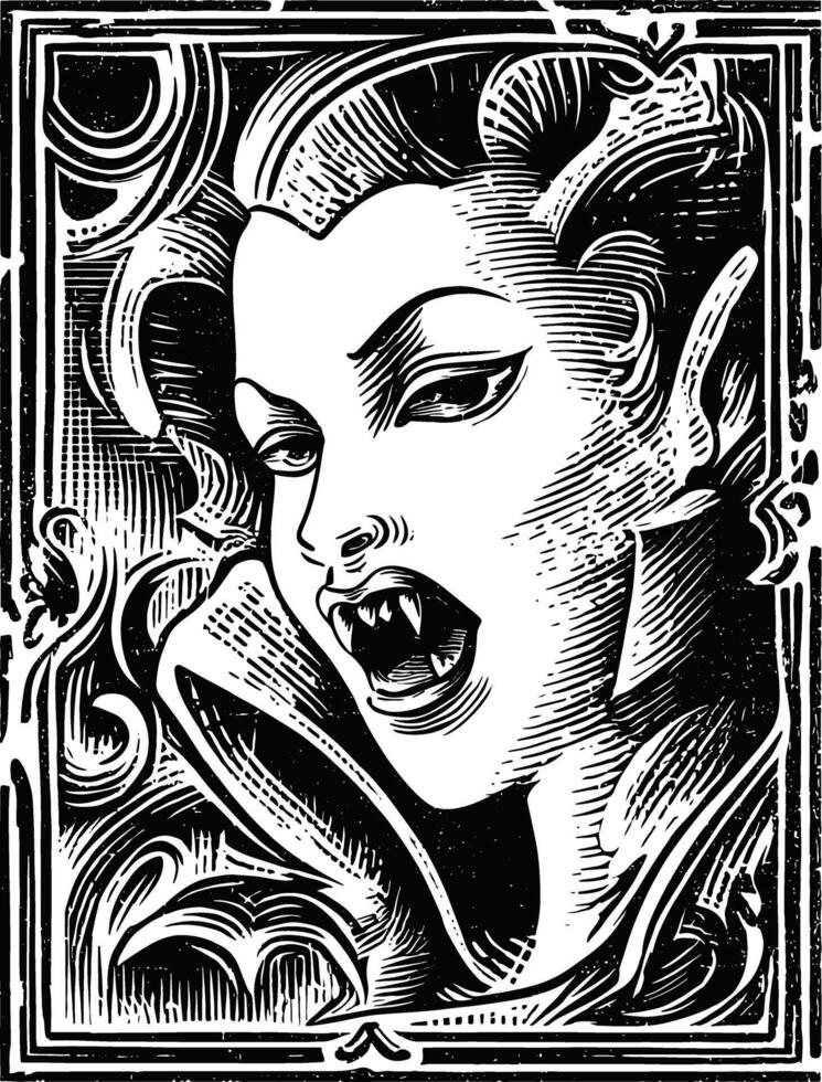 A black and white illustration in a woodcut or engraved style depicting a female vampire with sharp fangs, a dramatic collar, and stylized hair, framed by ornate borders. vector