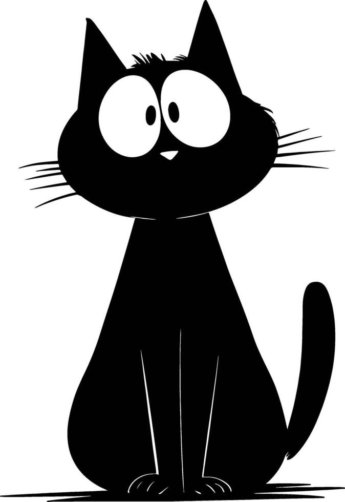 A simple, black and white cartoon illustration of a black cat sitting upright with large, wide eyes and a curious or surprised expression. vector
