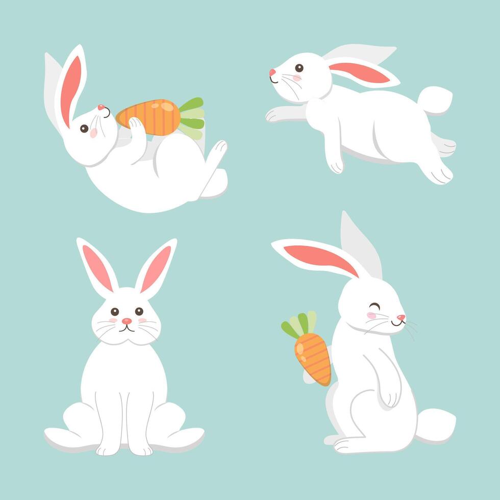 Set of cute white rabbits in different poses with carrots on pastel background. Perfect for childrens illustrations, Easter designs, animal icons, and educational cartoon graphics. vector