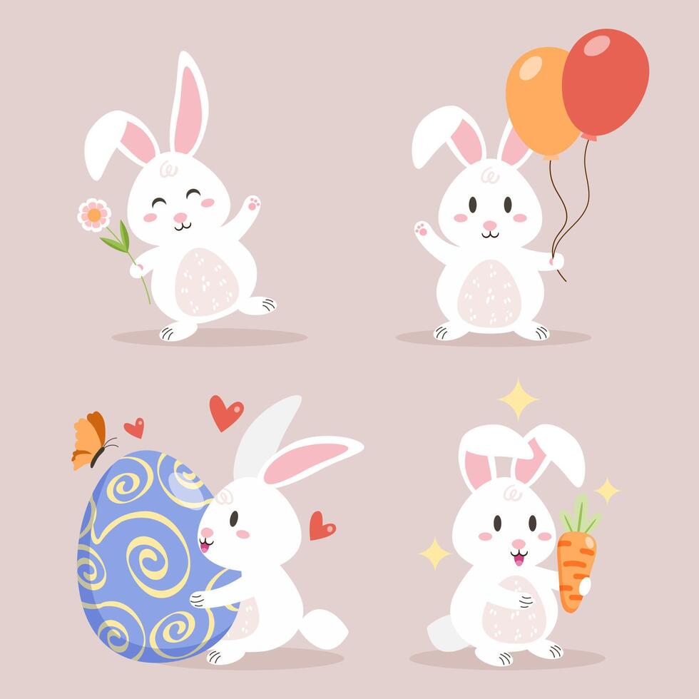 Cute Easter bunnies illustration set. Happy rabbits with flowers, balloons, egg. Spring holiday design elements. vector