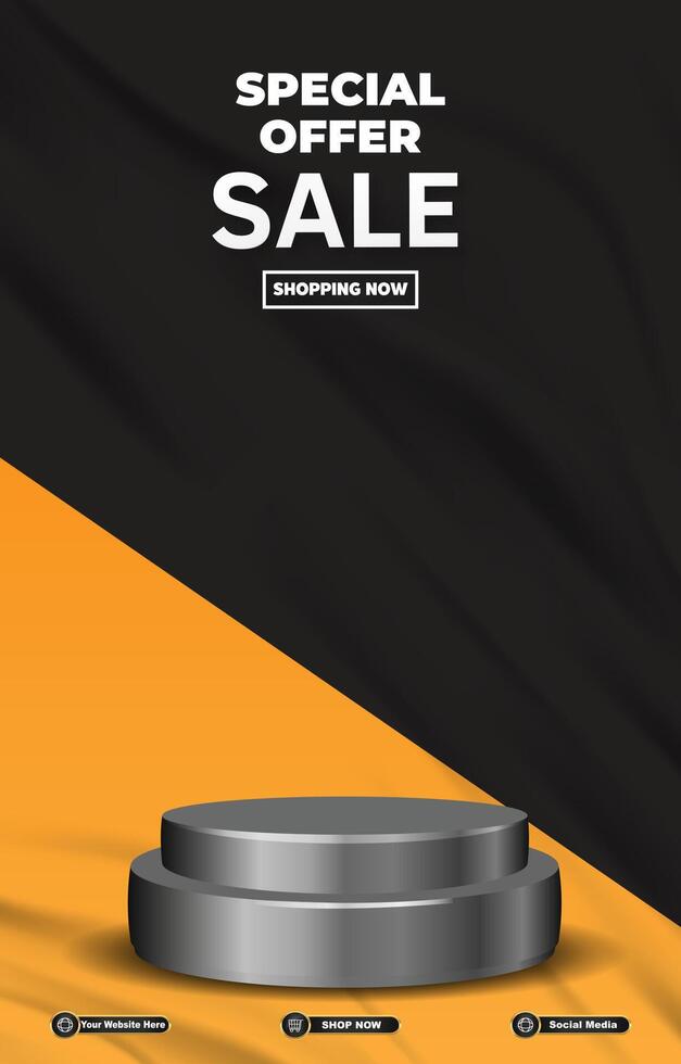 special offer sale discount portait template banner with blank space 3d podium for social media post product sale with abstract gradient black background design vector
