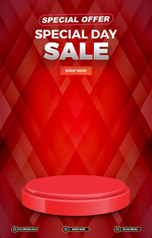 special offer sale discount portait template banner with blank space 3d podium for social media post product sale with abstract gradient red background design vector
