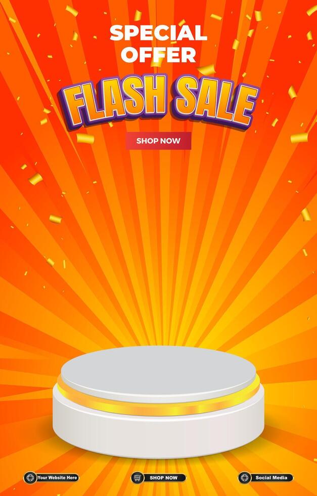 special offer flash sale discount portait template banner with blank space 3d podium for social media post product sale with abstract gradient orange background design vector