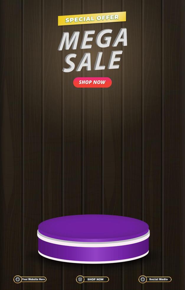 special offer mega sale discount portait template banner with blank space 3d podium for social media post product sale with abstract gradient brown background design vector