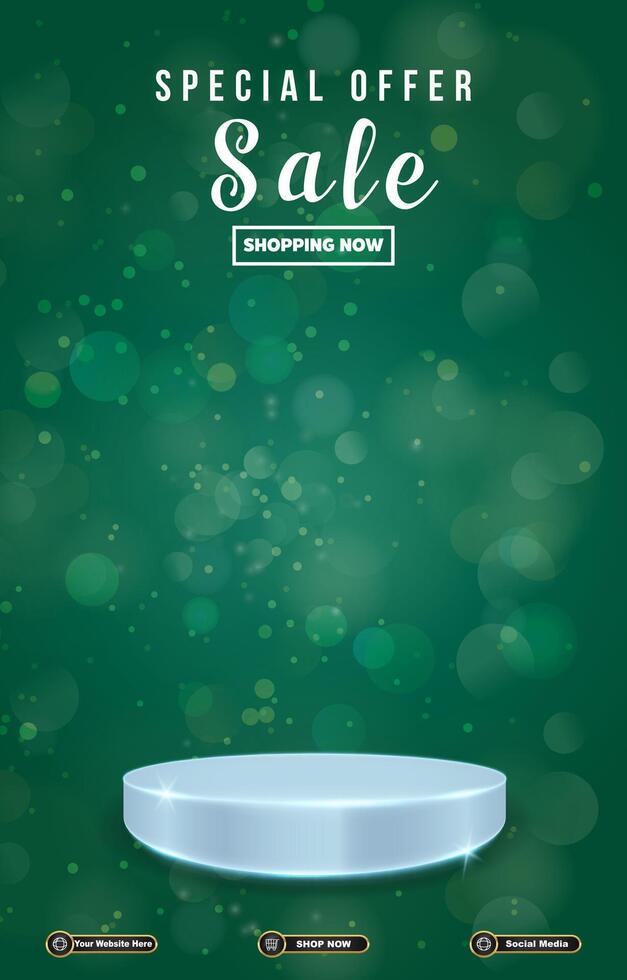 special offer sale discount portait template banner with blank space 3d podium for social media post product sale with abstract gradient green background design vector