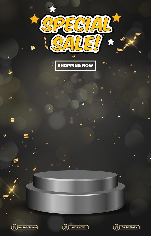 special sale discount portait template banner with blank space 3d podium for social media post product sale with abstract gradient black background design vector