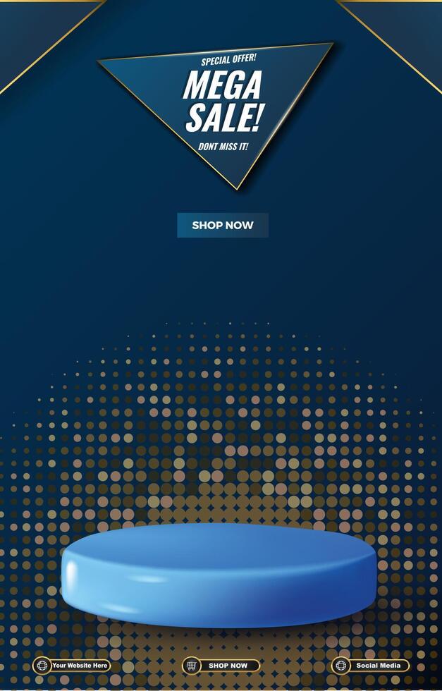 special offer mega sale discount portait template banner with blank space 3d podium for social media post product sale with gradient blue background design vector