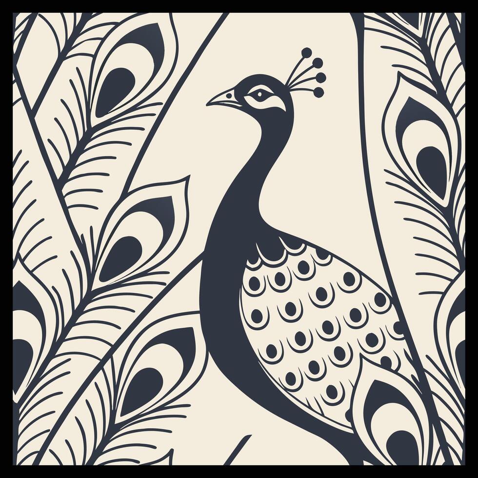 a black and white peacock is standing in front of a pattern vector