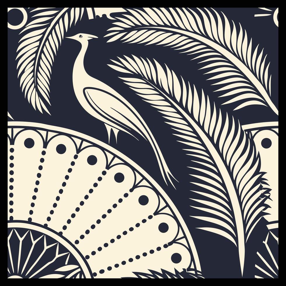 a black and white pattern with a bird and palm leaves vector