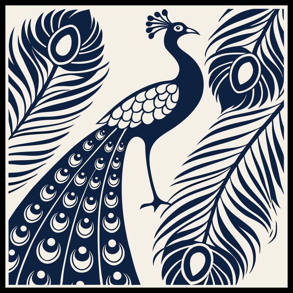 a peacock is standing on a branch with feathers vector