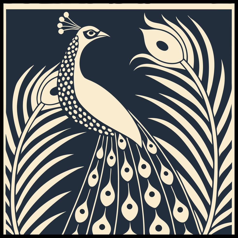 a peacock is standing on a branch with leaves vector
