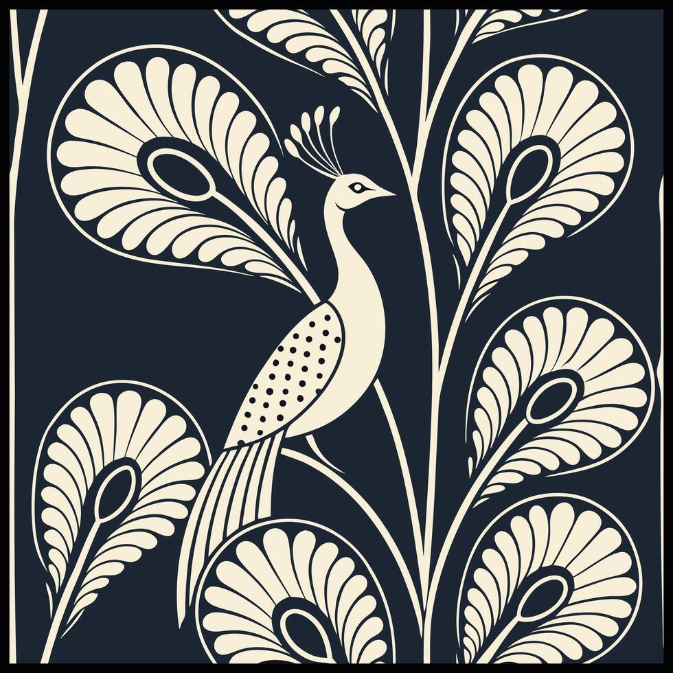 a peacock is sitting on a branch in a patterned background vector