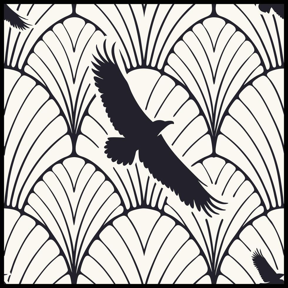 a black and white pattern with a bird flying over it vector