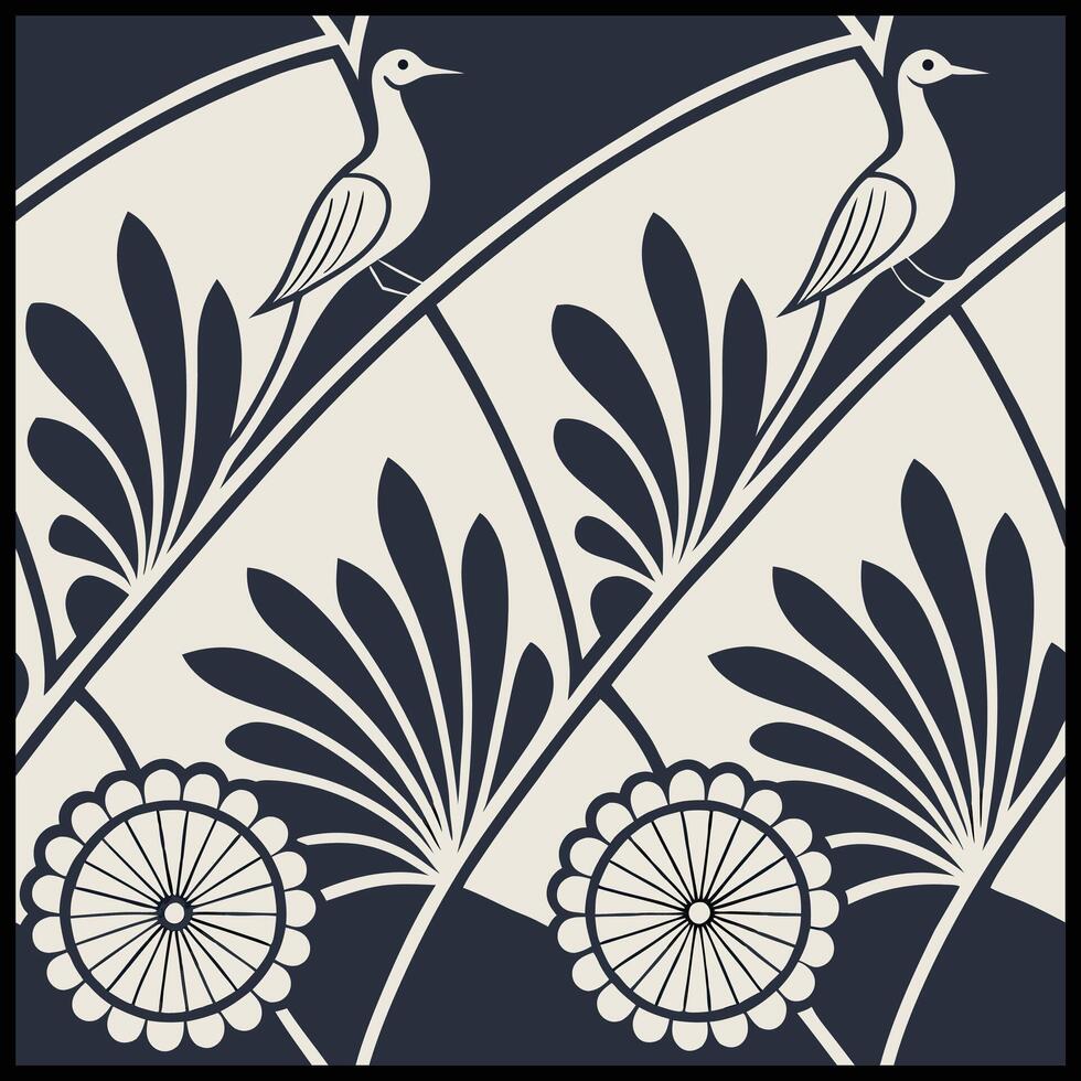 a black and white pattern with birds and flowers vector
