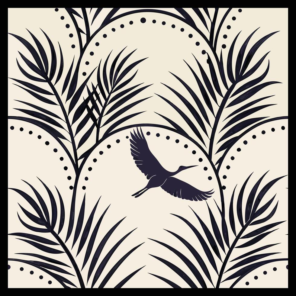a black and white pattern with palm leaves and a bird vector
