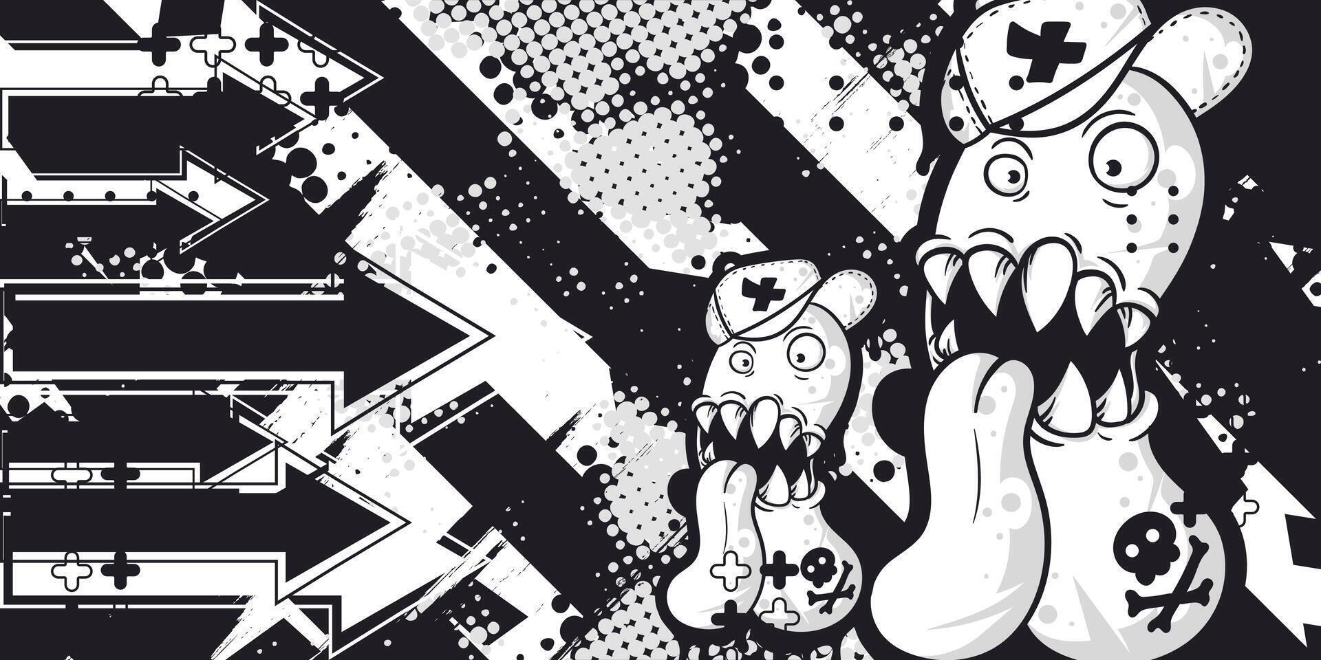 Black and white abstract grunge background with capsule monster object vector