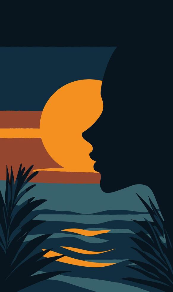 Silhouette of a woman with her face in the sunset vector