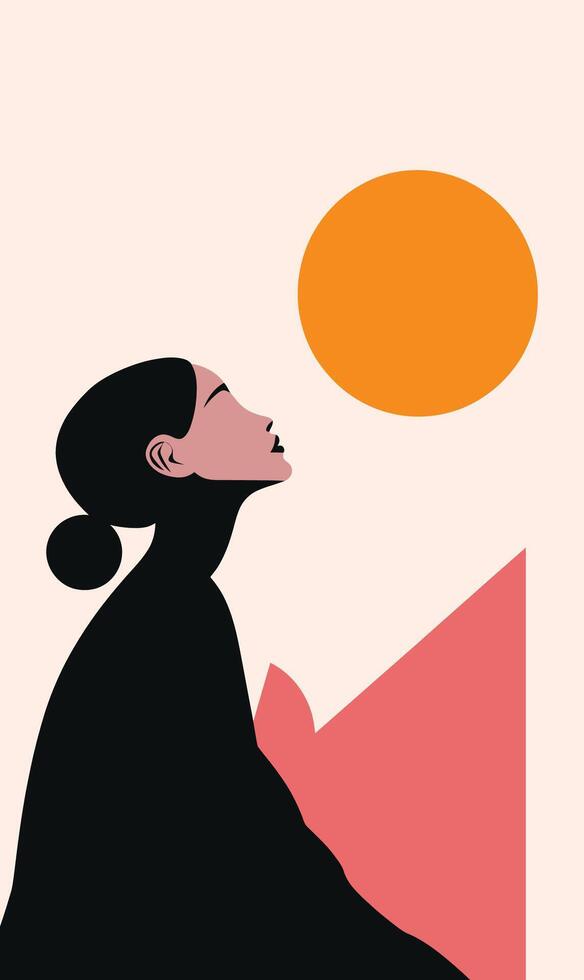 A woman is looking up at an orange sun vector