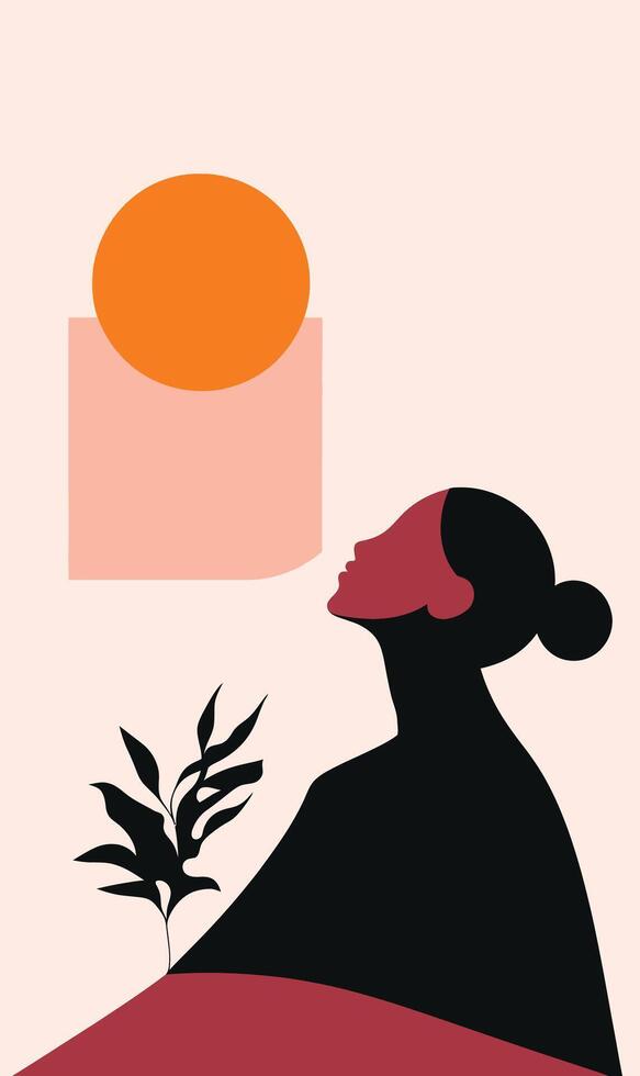 A woman with a plant and an orange sun vector