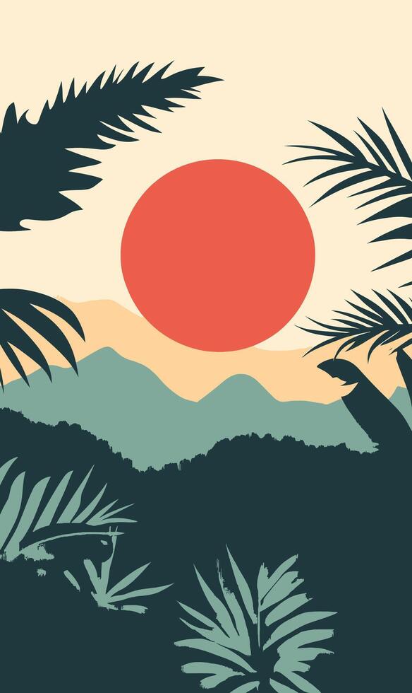 Tropical landscape with palm trees and sun vector