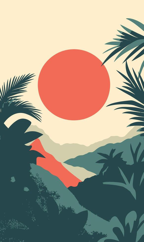 A poster with a sunset and palm trees vector