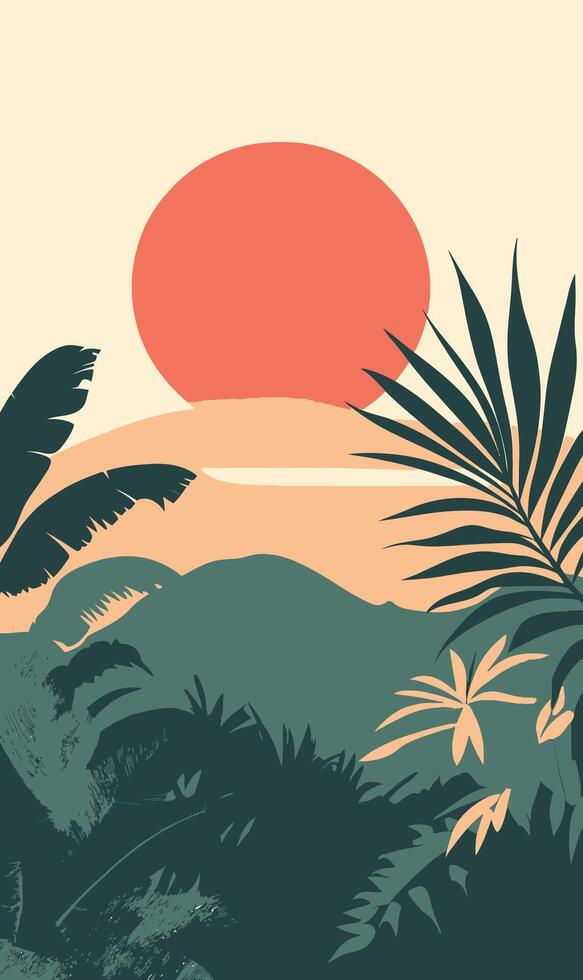 Tropical landscape with palm trees and sunset vector