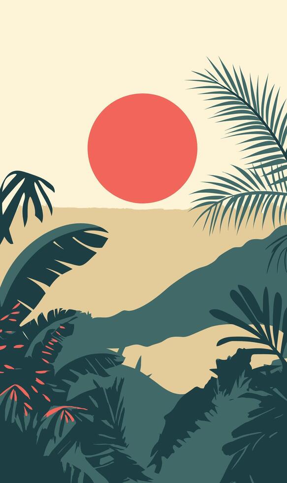 Tropical sunset with palm trees and jungle vector
