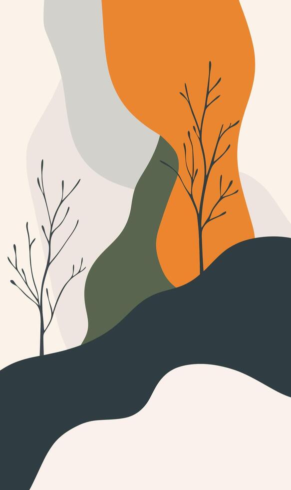 A poster with two trees on a hill vector
