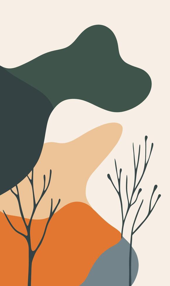 A poster with trees and mountains in the background vector