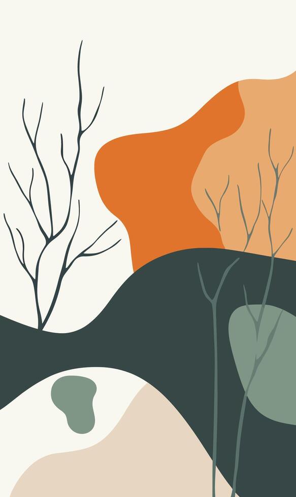 A painting of trees and a mountain range vector