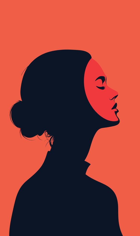 A woman's profile is shown in silhouette against an orange background vector