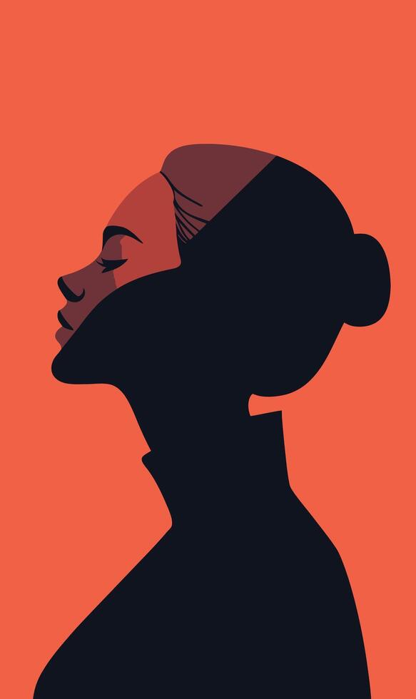 A woman's profile is shown in silhouette on an orange background vector